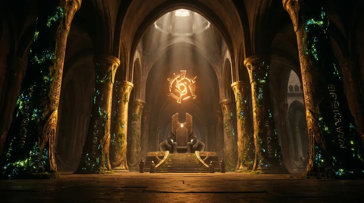 Alien throne room with golden sigils and ancient architecture