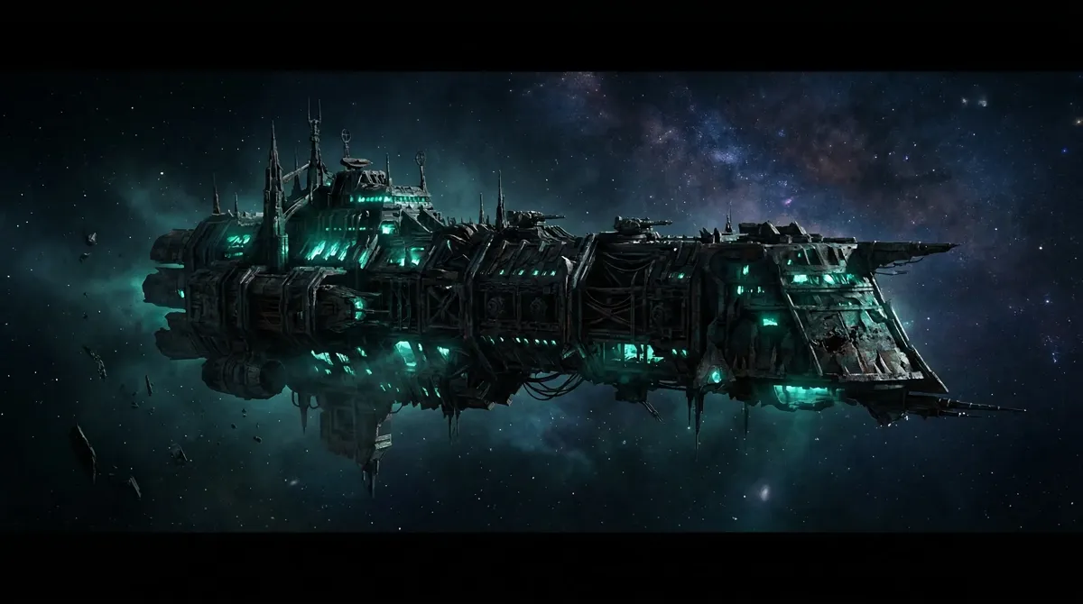 Gothic transport vessel drifting through deep space with teal lighting
