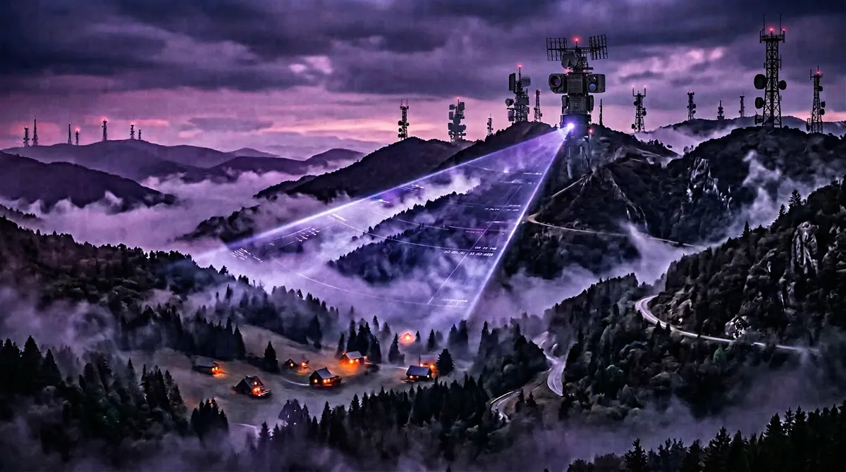 Appalachian mountains with surveillance towers and purple haze
