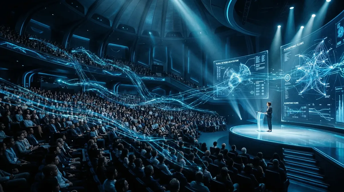 Civic tech auditorium with blue holographic data streams