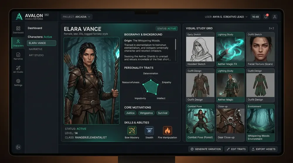 Character Forge AI dashboard showing character profile and visual study grid