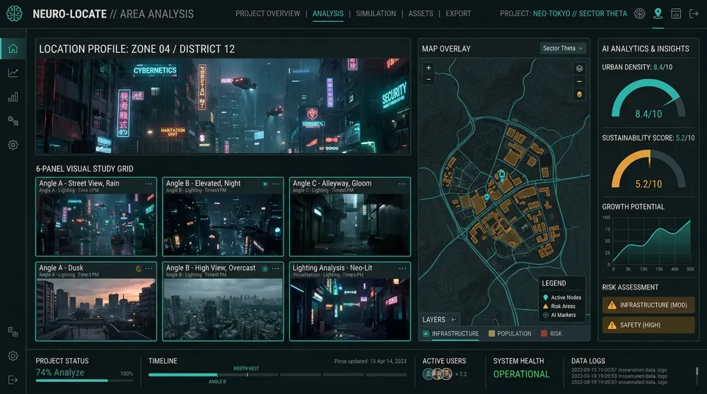 Location Forge AI dashboard showing location profile with map overlay and visual study