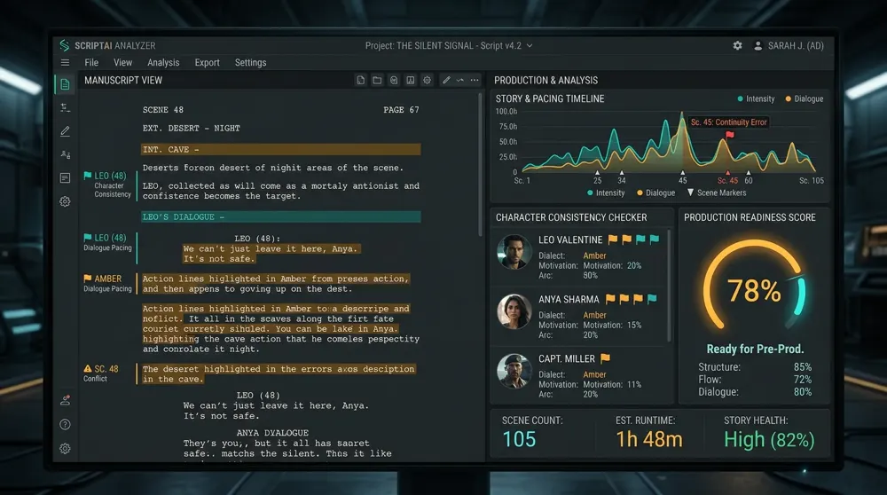 Manuscript Analysis AI dashboard showing continuity report, character consistency checker, and production readiness score