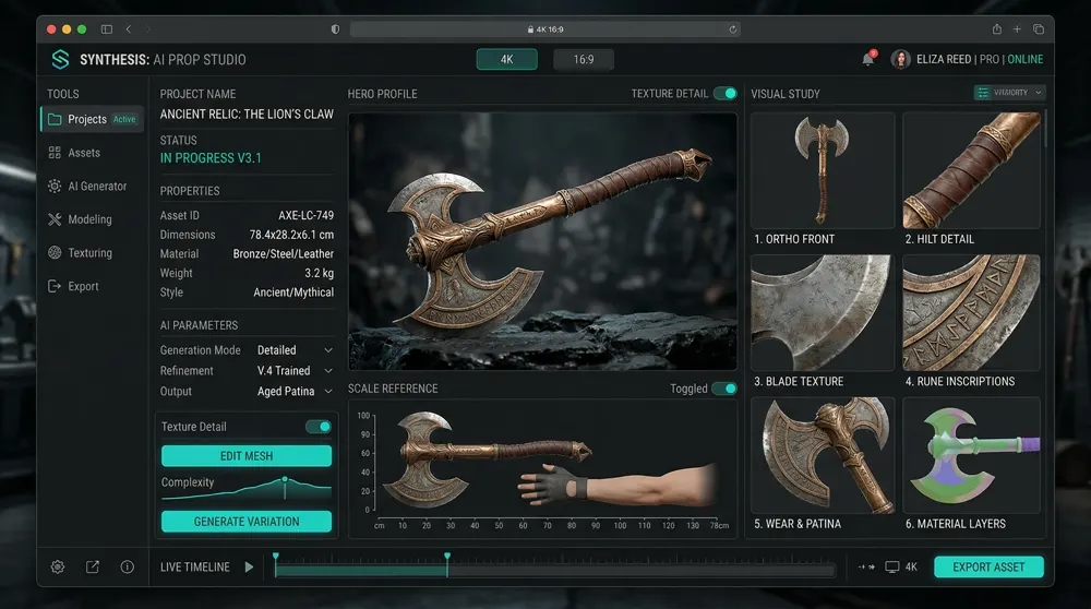 Props Forge AI dashboard showing prop development profile with hero shot and visual study