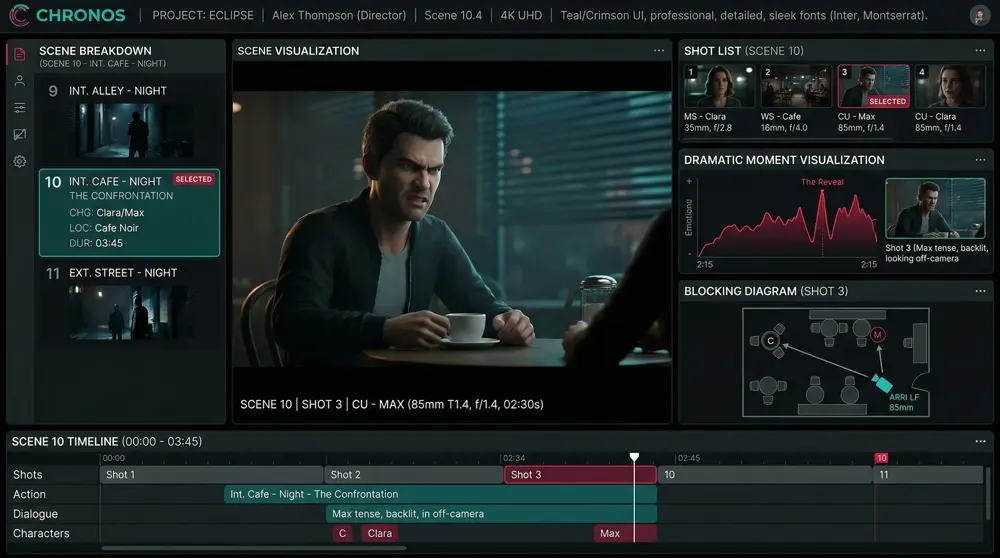 Scene Forge AI dashboard showing scene breakdown with shot list and blocking diagram