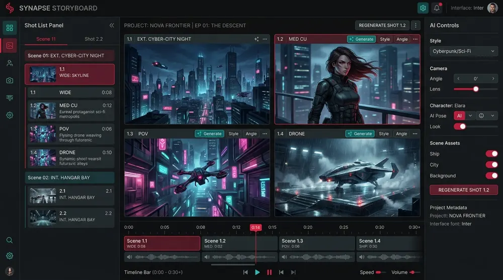 AI Storyboard tool showing shot list panel and generated storyboard frames