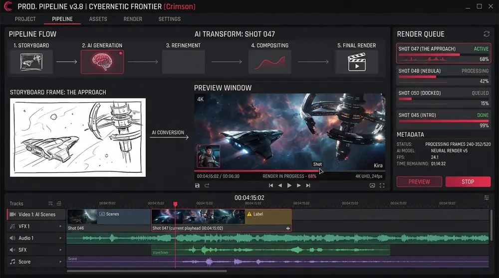 AI Video Pipeline showing storyboard-to-video conversion with render queue